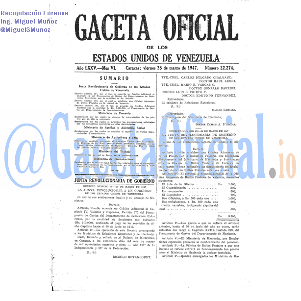 Gaceta Oficial 22274 del 28 Marzo 1947