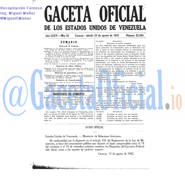 Gaceta Oficial 22394 del 23 Agosto 1947
