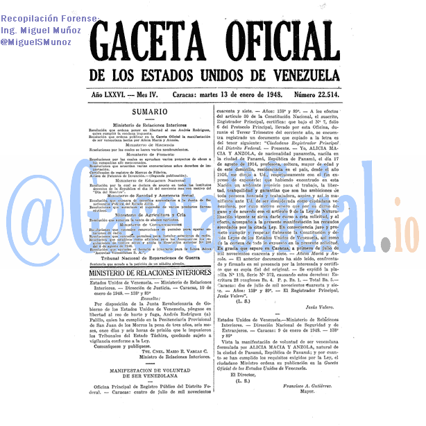 Gaceta Oficial 22514 del 13 Enero 1948