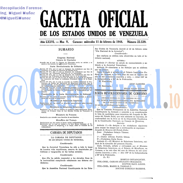 Gaceta Oficial 22539 del 11 Febrero 1948