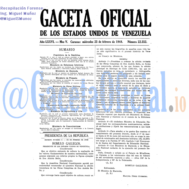 Gaceta Oficial 22552 del 25 Febrero 1948