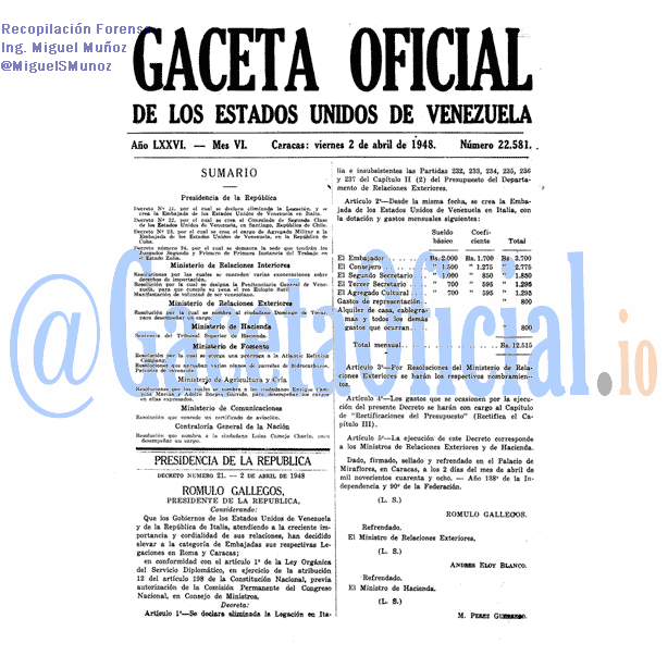 Gaceta Oficial 22581 del 2 Abril 1948