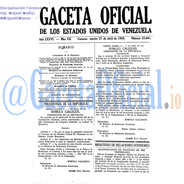 Gaceta Oficial 22601 del 27 Abril 1948