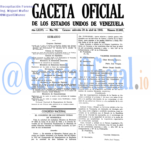 Gaceta Oficial 22602 del 28 Abril 1948