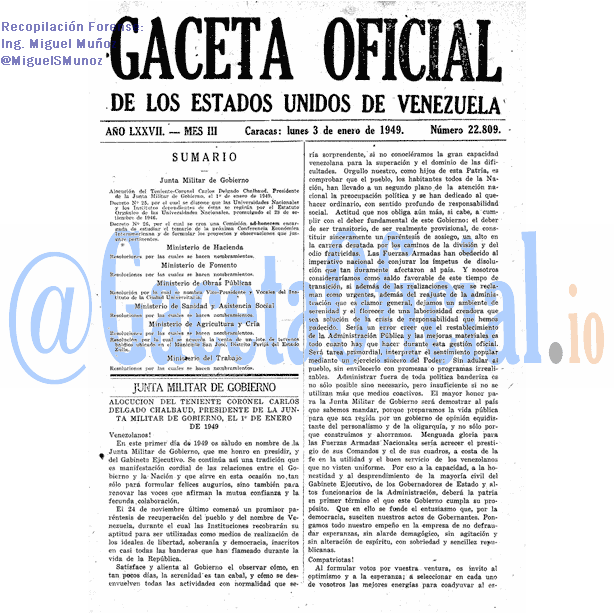 Gaceta Oficial 22809 del 3 Enero 1949