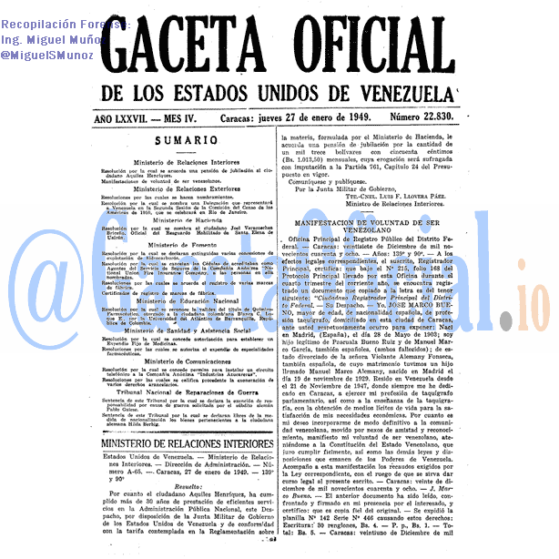 Gaceta Oficial 22830 del 27 Enero 1949