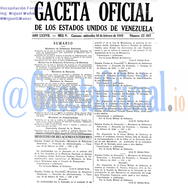 Gaceta Oficial 22847 del 16 Febrero 1949