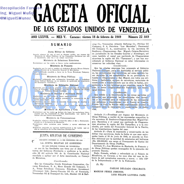Gaceta Oficial 22849 del 18 Febrero 1949