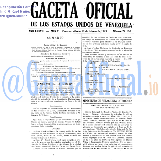 Gaceta Oficial 22850 del 19 Febrero 1949