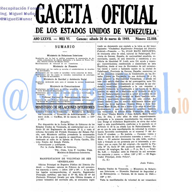 Gaceta Oficial 22880 del 26 Marzo 1949