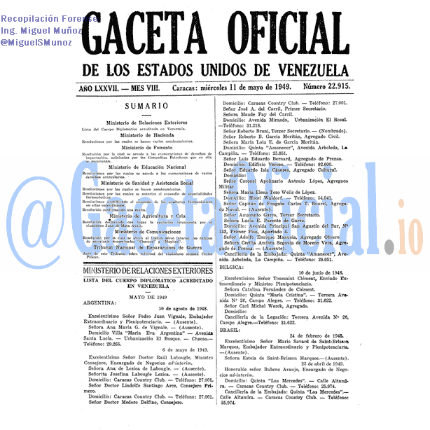 Gaceta Oficial 22915 del 11 Mayo 1949