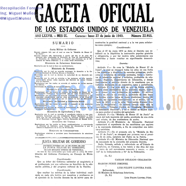 Gaceta Oficial 22955 del 27 Junio 1949