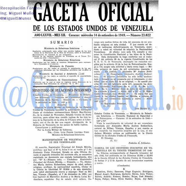 Gaceta Oficial 23022 del 14 Septiembre 1949