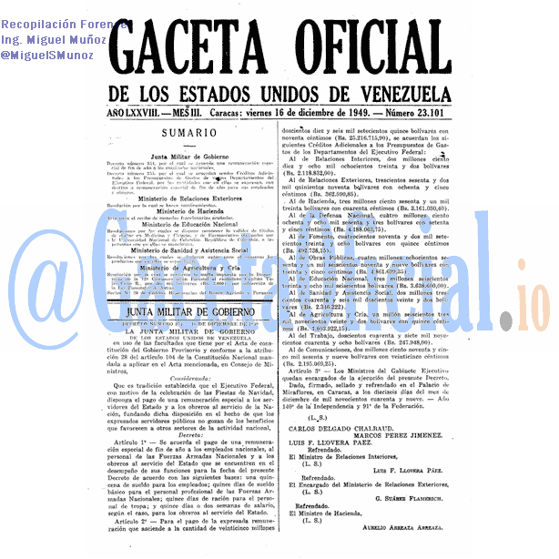 Gaceta Oficial 23101 del 16 Diciembre 1949