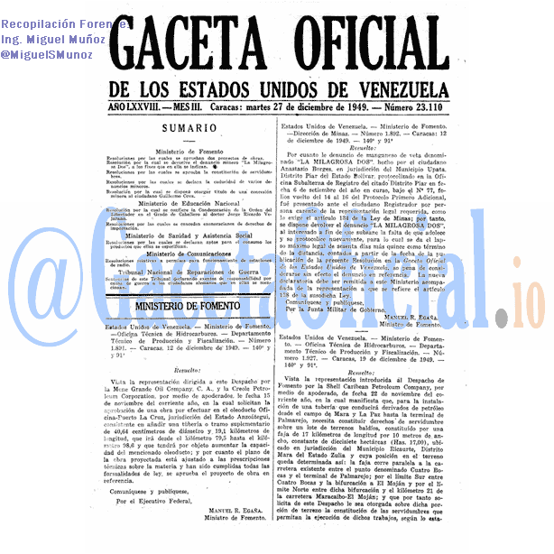 Gaceta Oficial 23110 del 27 Diciembre 1949