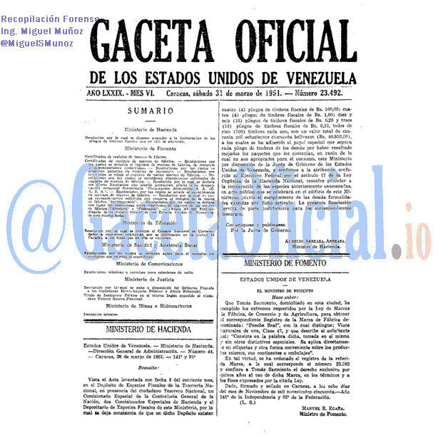 Gaceta Oficial 23492 del 31 Marzo 1951