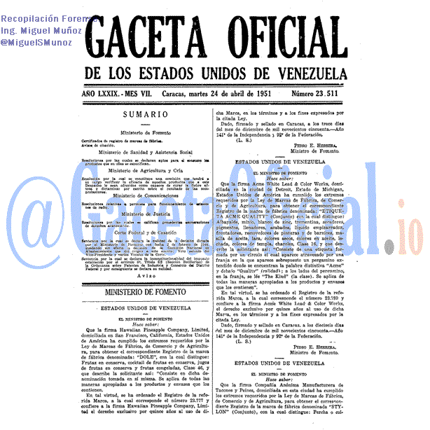 Gaceta Oficial 23511 del 24 Abril 1951