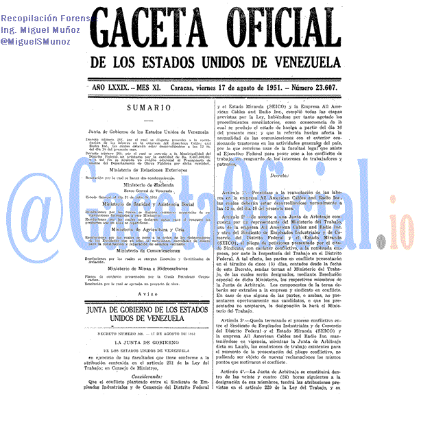 Gaceta Oficial 23607 del 17 Agosto 1951