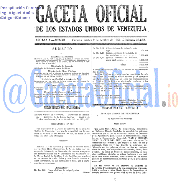 Gaceta Oficial 23652 del 9 Octubre 1951