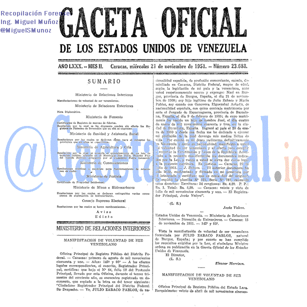 Gaceta Oficial 23688 del 21 Noviembre 1951