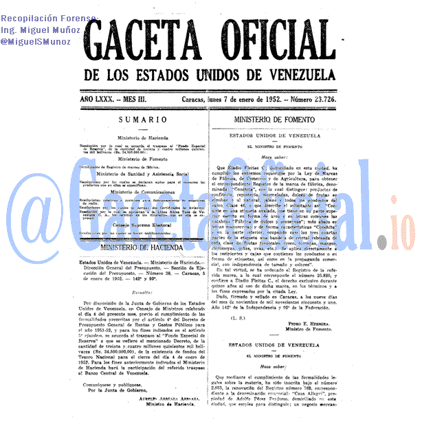 Gaceta Oficial 23726 del 7 Enero 1952