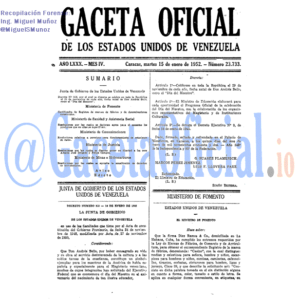 Gaceta Oficial 23733 del 15 Enero 1952
