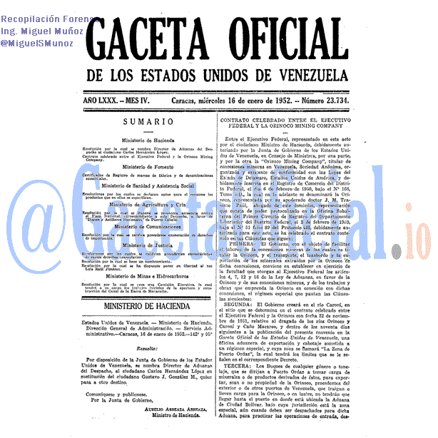 Gaceta Oficial 23734 del 16 Enero 1952