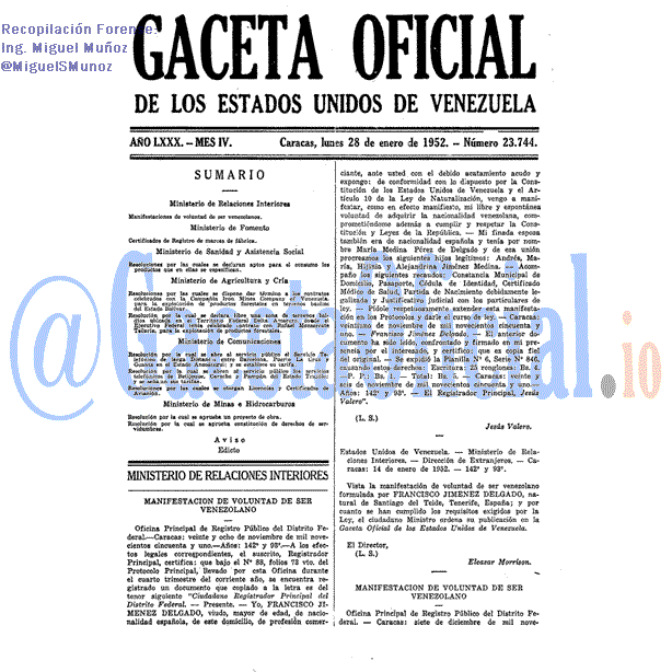 Gaceta Oficial 23744 del 28 Enero 1952