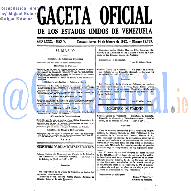 Gaceta Oficial 23759 del 14 Febrero 1952