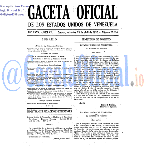 Gaceta Oficial 23814 del 23 Abril 1952