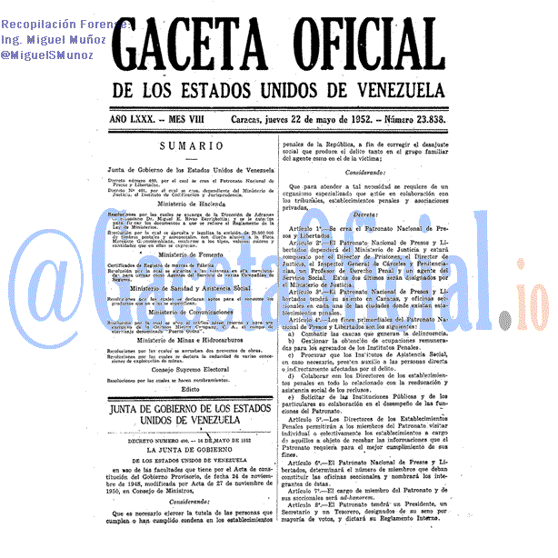 Gaceta Oficial 23838 del 22 Mayo 1952