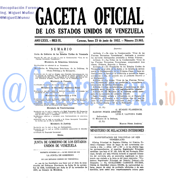 Gaceta Oficial 23865 del 23 Junio 1952
