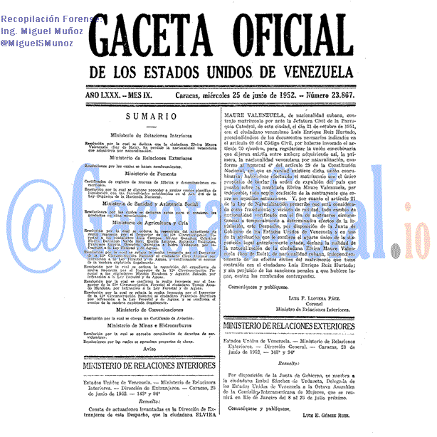 Gaceta Oficial 23867 del 25 Junio 1952