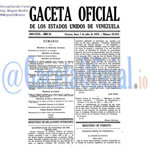 Gaceta Oficial 23876 del 7 Julio 1952