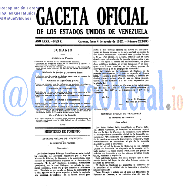 Gaceta Oficial 23899 del 4 Agosto 1952