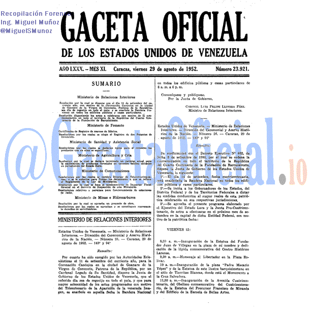 Gaceta Oficial 23921 del 29 Agosto 1952