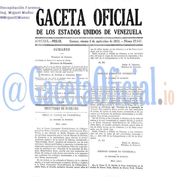 Gaceta Oficial 23927 del 5 Septiembre 1952