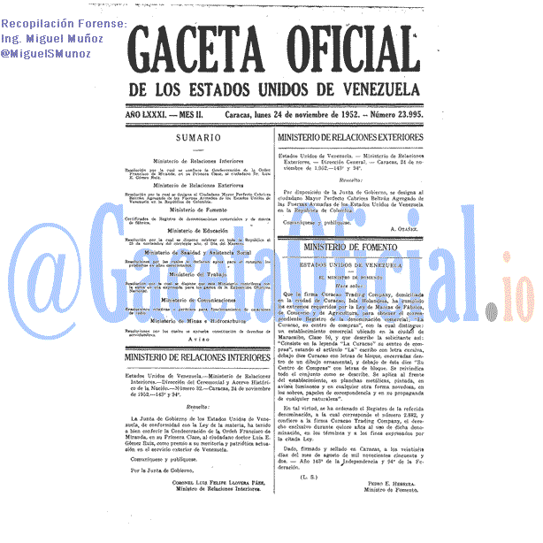 Gaceta Oficial 23995 del 24 Noviembre 1952