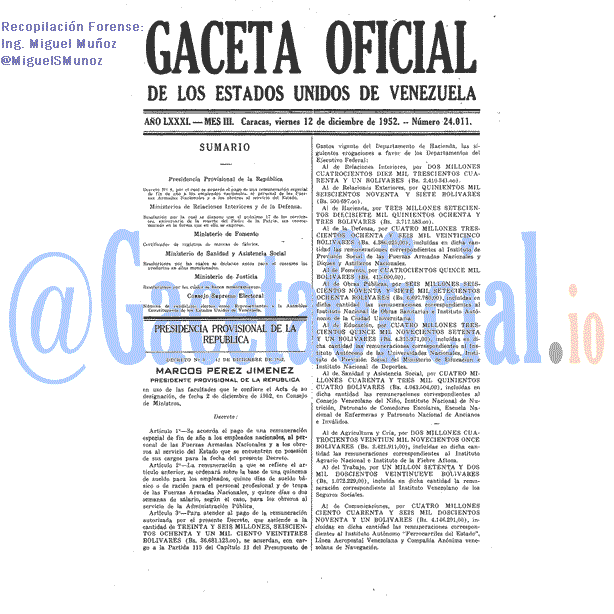 Gaceta Oficial 24011 del 12 Diciembre 1952