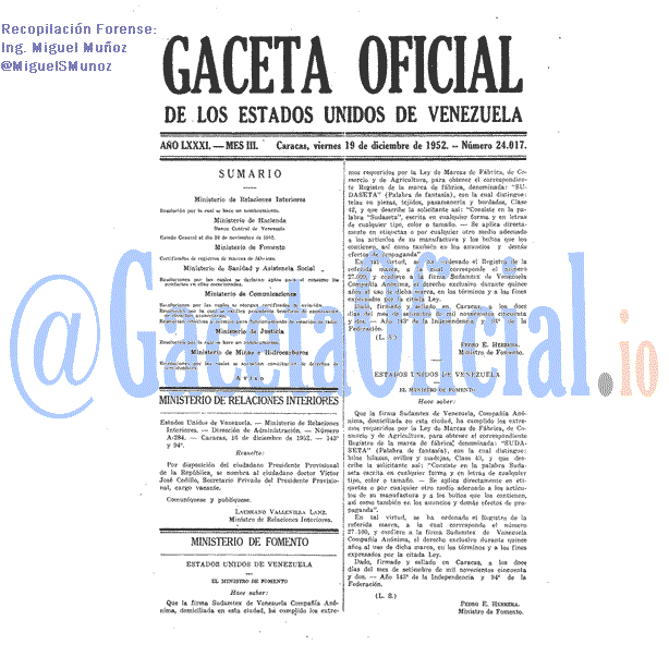Gaceta Oficial 24017 del 19 Diciembre 1952