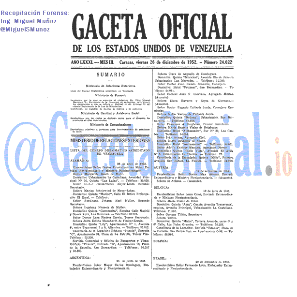 Gaceta Oficial 24022 del 26 Diciembre 1952