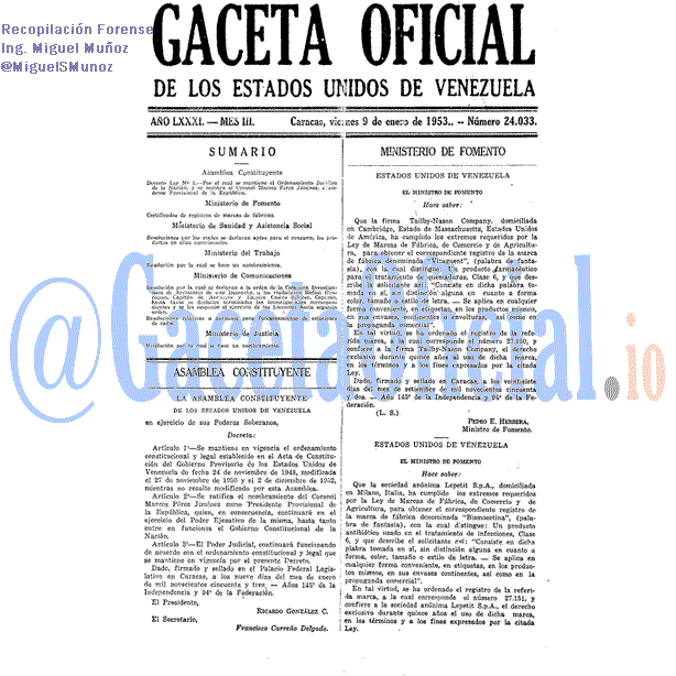 Gaceta Oficial 24033 del 9 Enero 1953