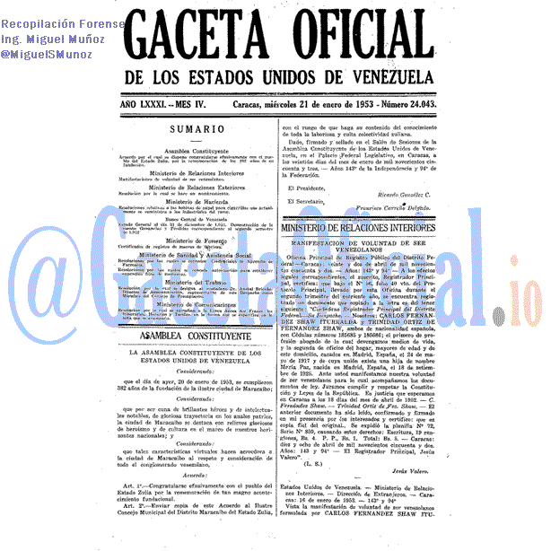 Gaceta Oficial 24043 del 21 Enero 1953