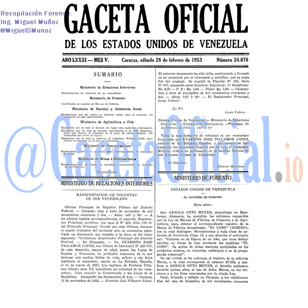 Gaceta Oficial 24076 del 28 Febrero 1953