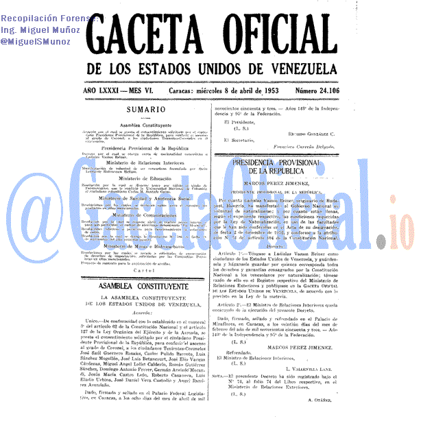 Gaceta Oficial 24106 del 8 Abril 1953