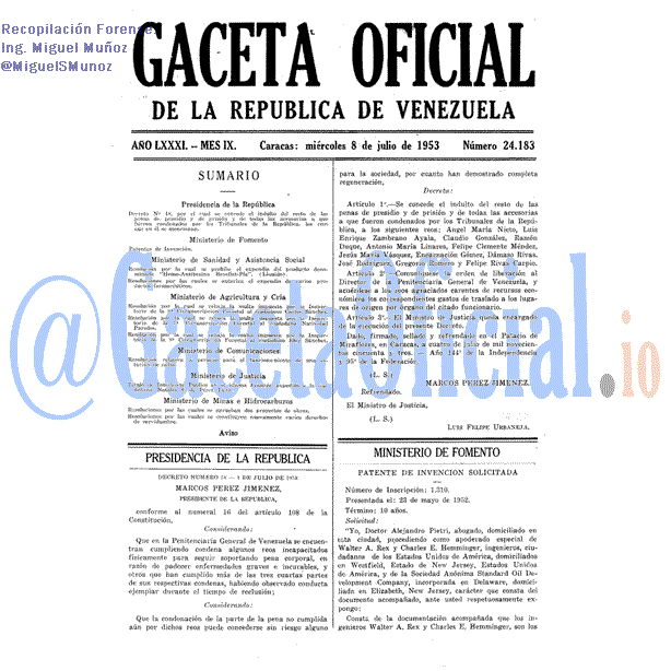 Gaceta Oficial 24183 del 8 Julio 1953
