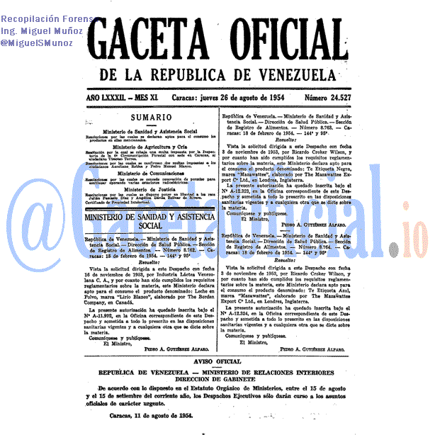 Gaceta Oficial 24527 del 26 Agosto 1954