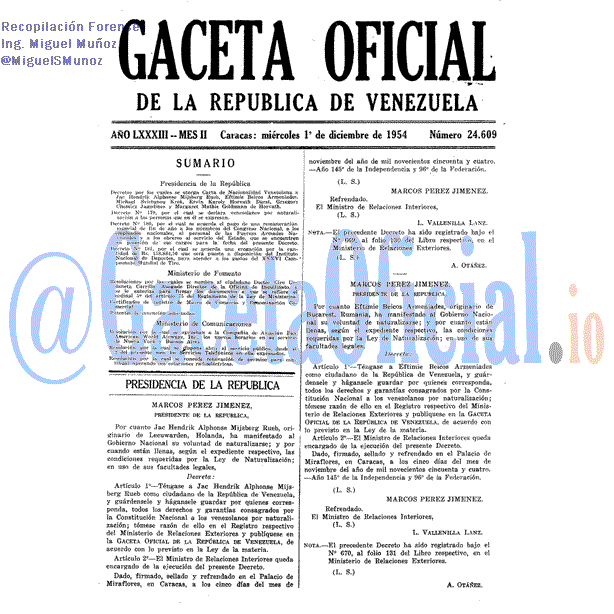 Gaceta Oficial 24609 del 1 Diciembre 1954