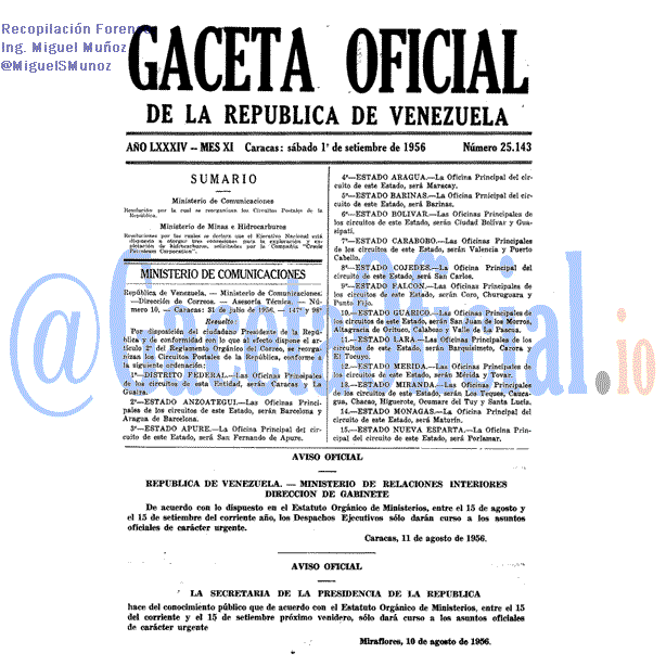 Gaceta Oficial 25143 del 1 Septiembre 1956