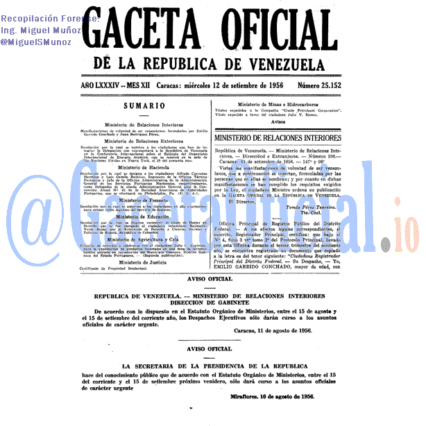 Gaceta Oficial 25152 del 12 Septiembre 1956